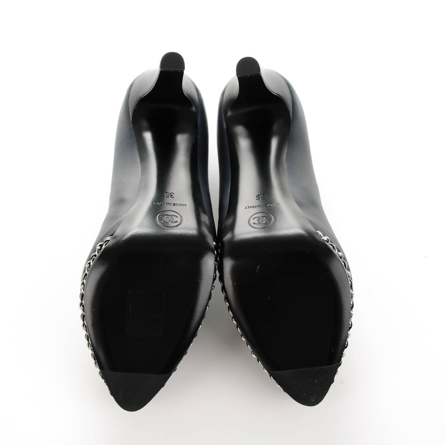 Calfskin Patent CC Cap Toe Platform Chain Pumps 36 Navy Black