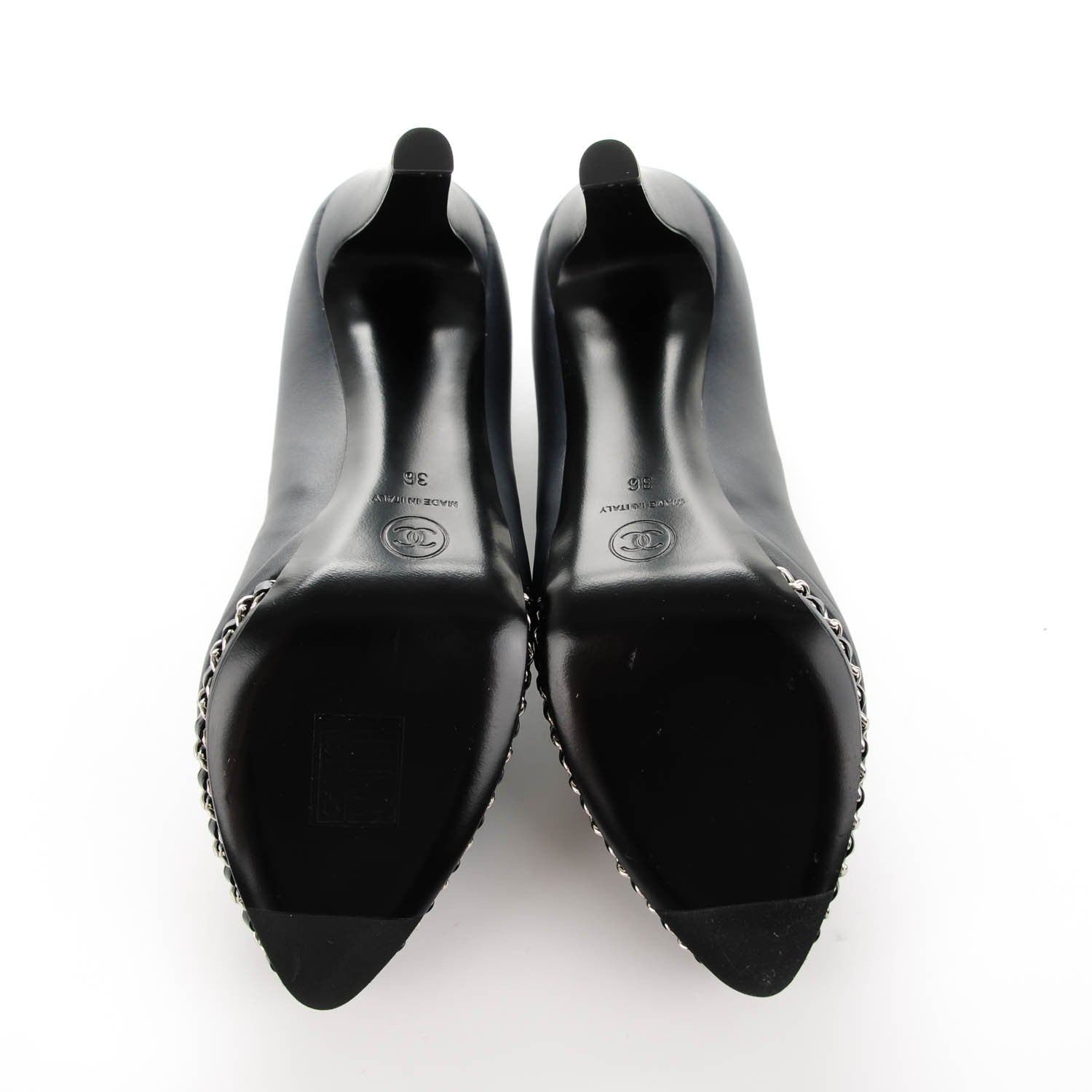 Chanel Calfskin Patent CC Cap Toe Platform Chain Pumps 36 Navy Black 6 of 9