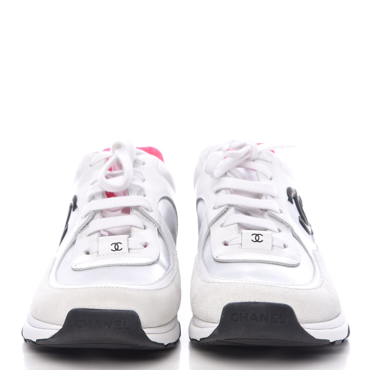 Calfskin Fabric Sneakers 39.5 White Silver Fluo Pink