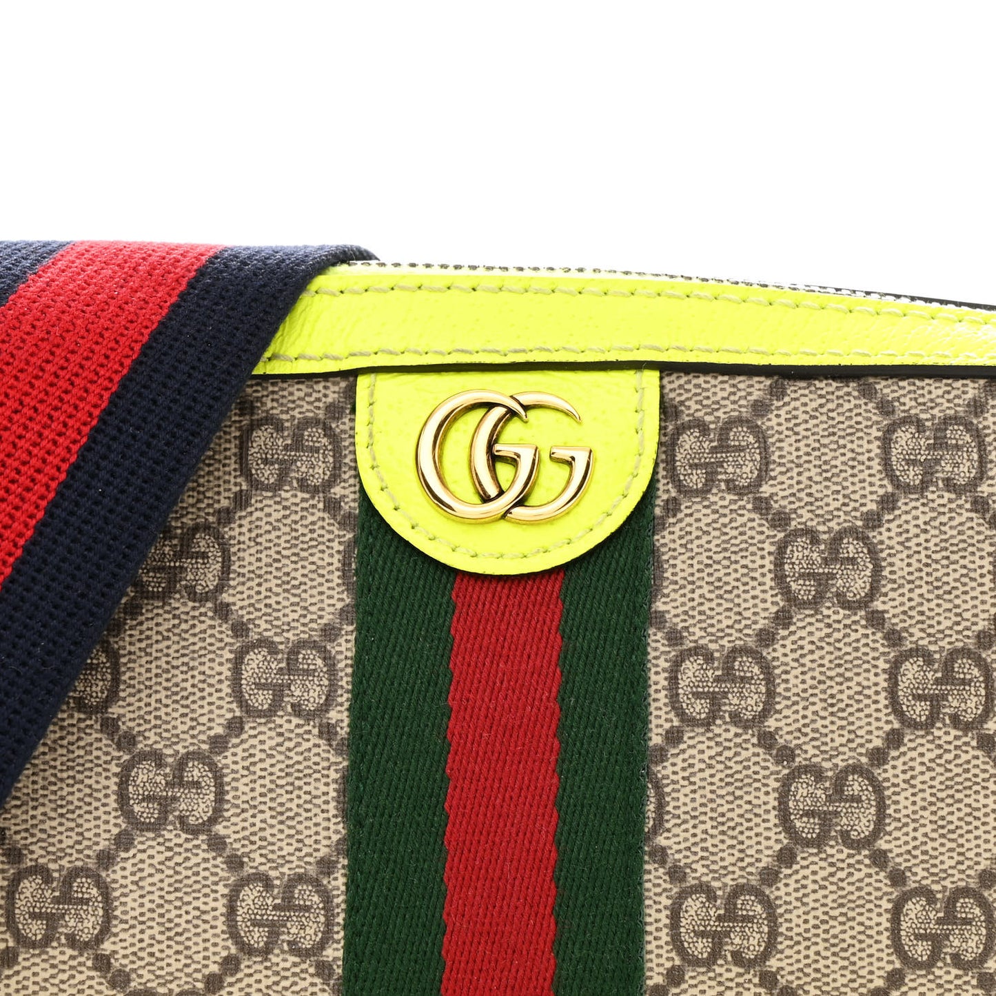 GG Supreme Monogram Textured Dollar Calfskin Web Ophidia Wristlet Shoulder Bag Beige Ebony Fluo Yellow