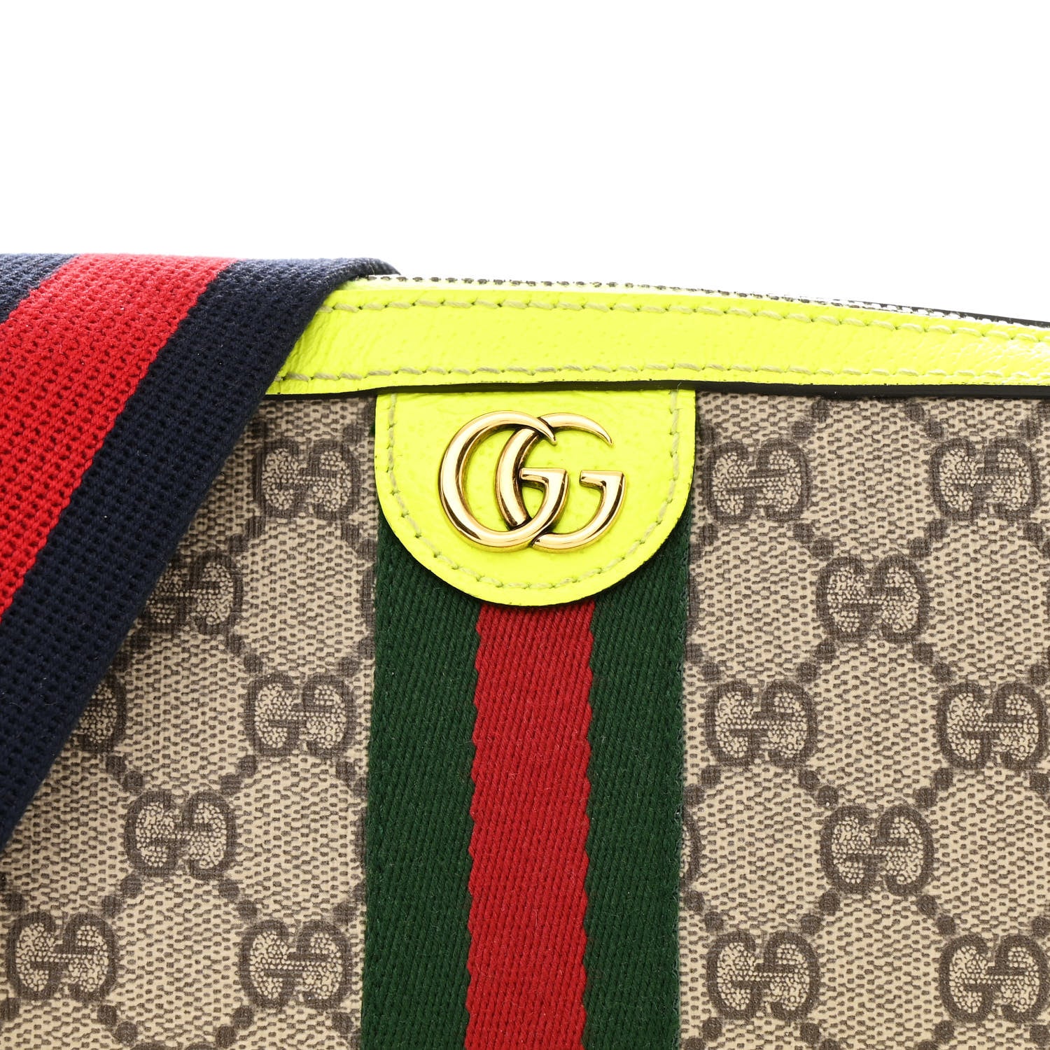 Gucci GG Supreme Monogram Textured Dollar Calfskin Web Ophidia Wristlet Shoulder Bag Beige Ebony Fluo Yellow 8 of 11