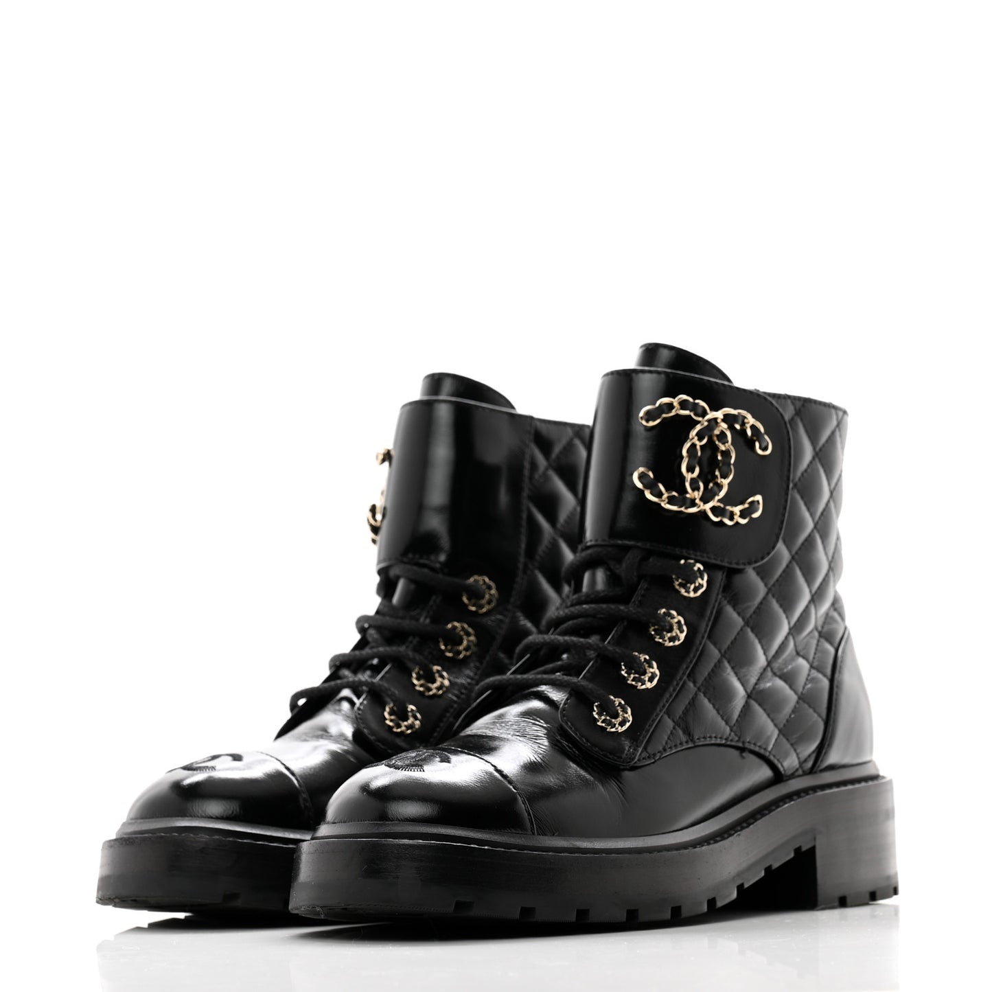Shiny Calfskin Quilted Lace Up Combat Boots 36 Black