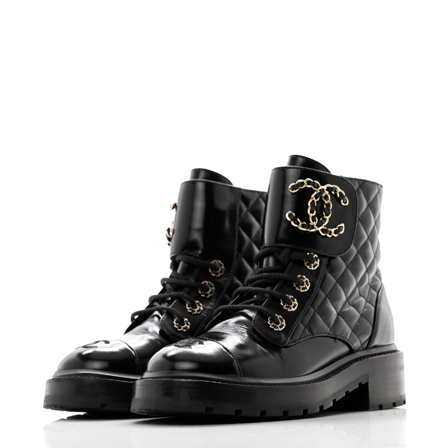 Chanel Shiny Calfskin Quilted Lace Up Combat Boots 36 Black 3 of 11