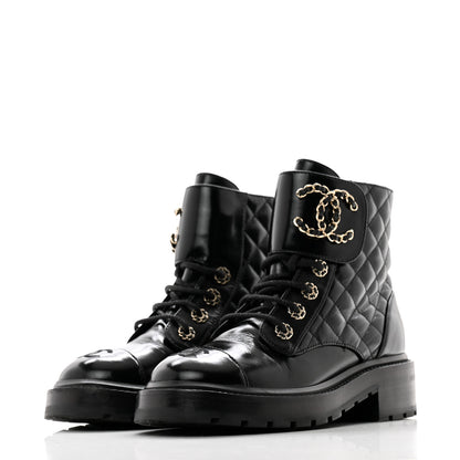 Chanel Shiny Calfskin Quilted Lace Up Combat Boots 36 Black 3 of 11