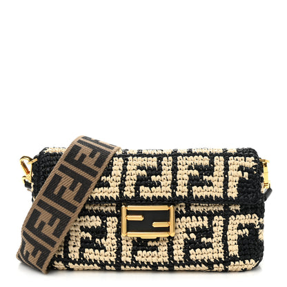 Fendi Raffia Vitello Dolce FF 1974 Crochet Baguette Black Natural 1 of 10