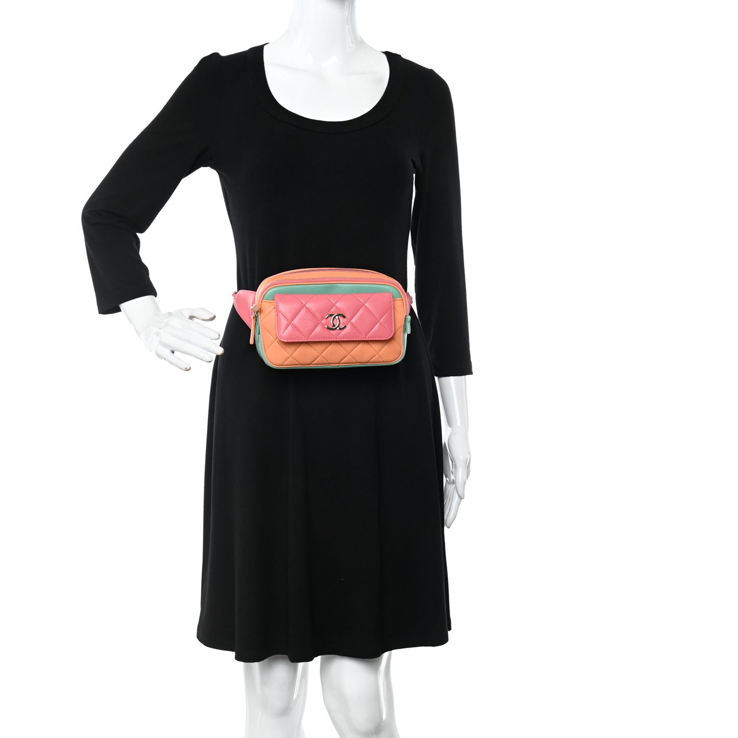 Goatskin Quilted Tri-Color In & Out Waist Bag Orange Green Pink