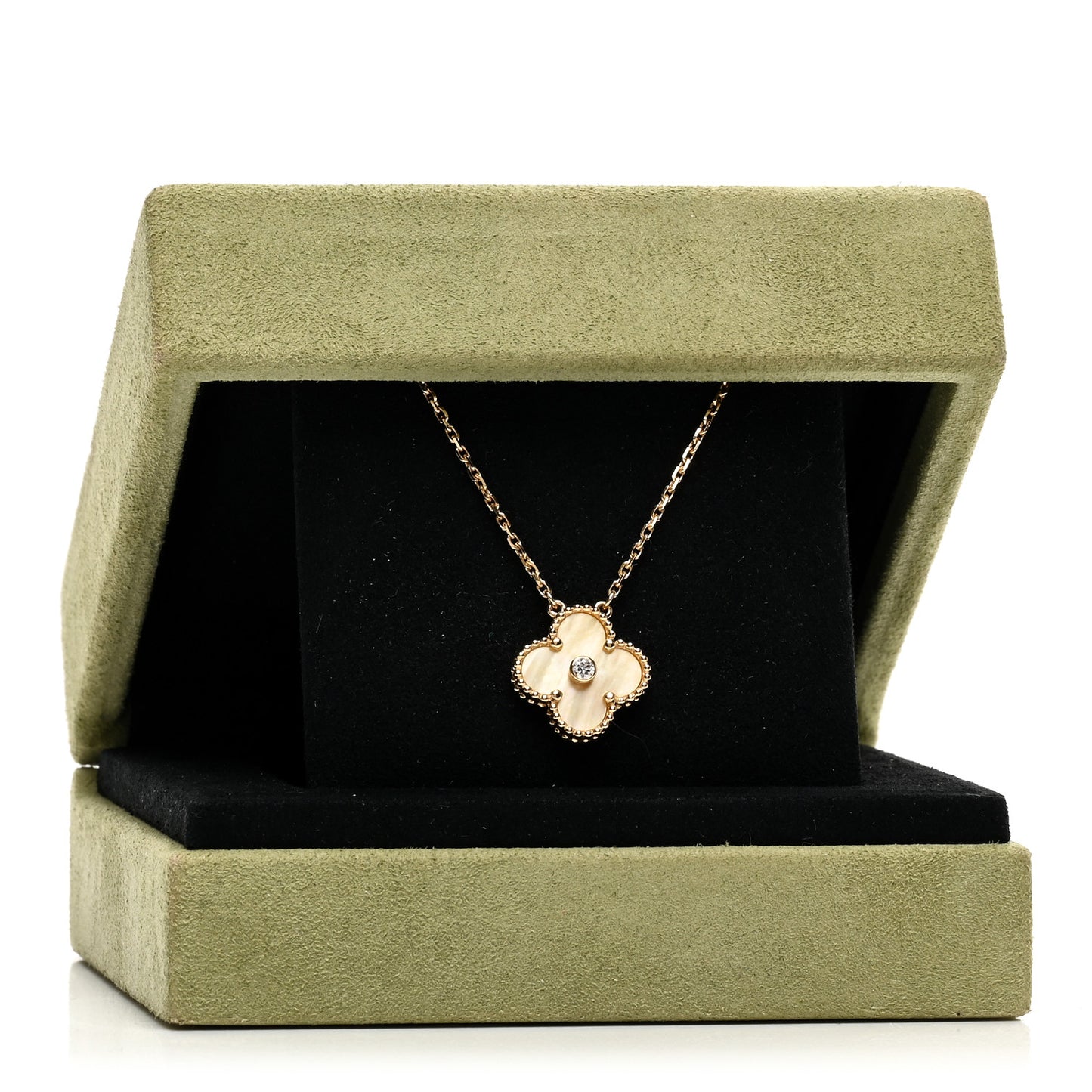 18K Yellow Gold Diamond Yellow Mother of Pearl Vintage Alhambra Pendant Necklace
