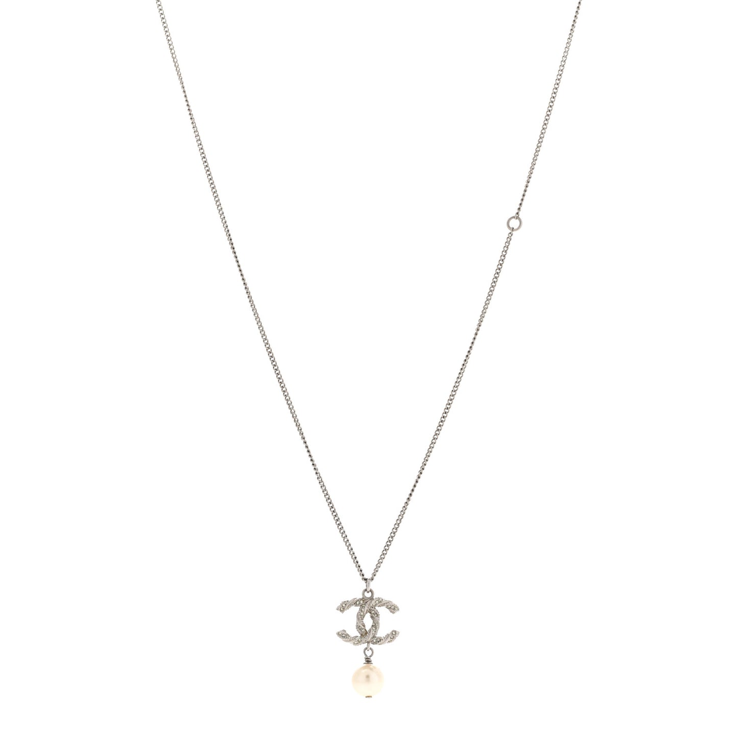 Crystal Pearl Twisted CC Drop Necklace Silver