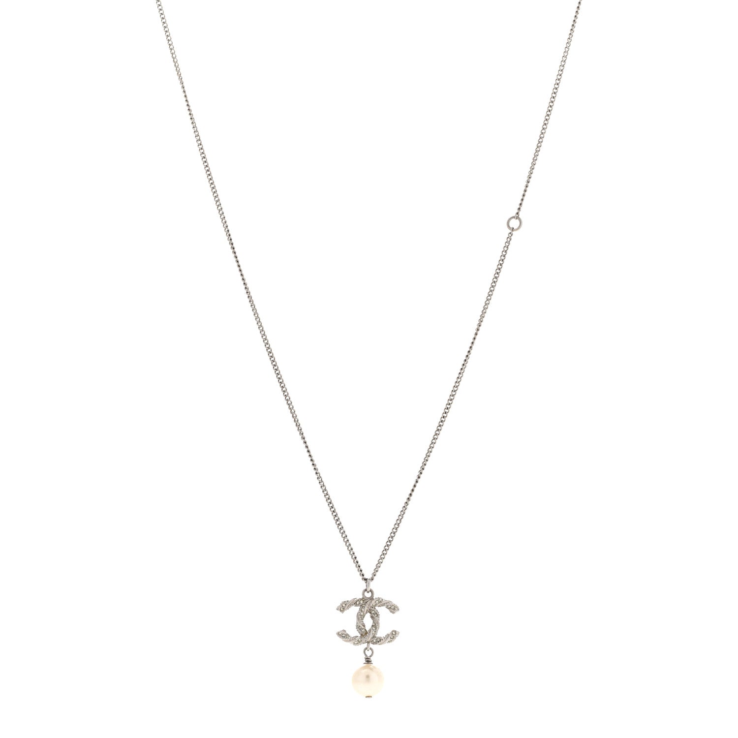 Chanel Crystal Pearl Twisted CC Drop Necklace Silver 1 of 6