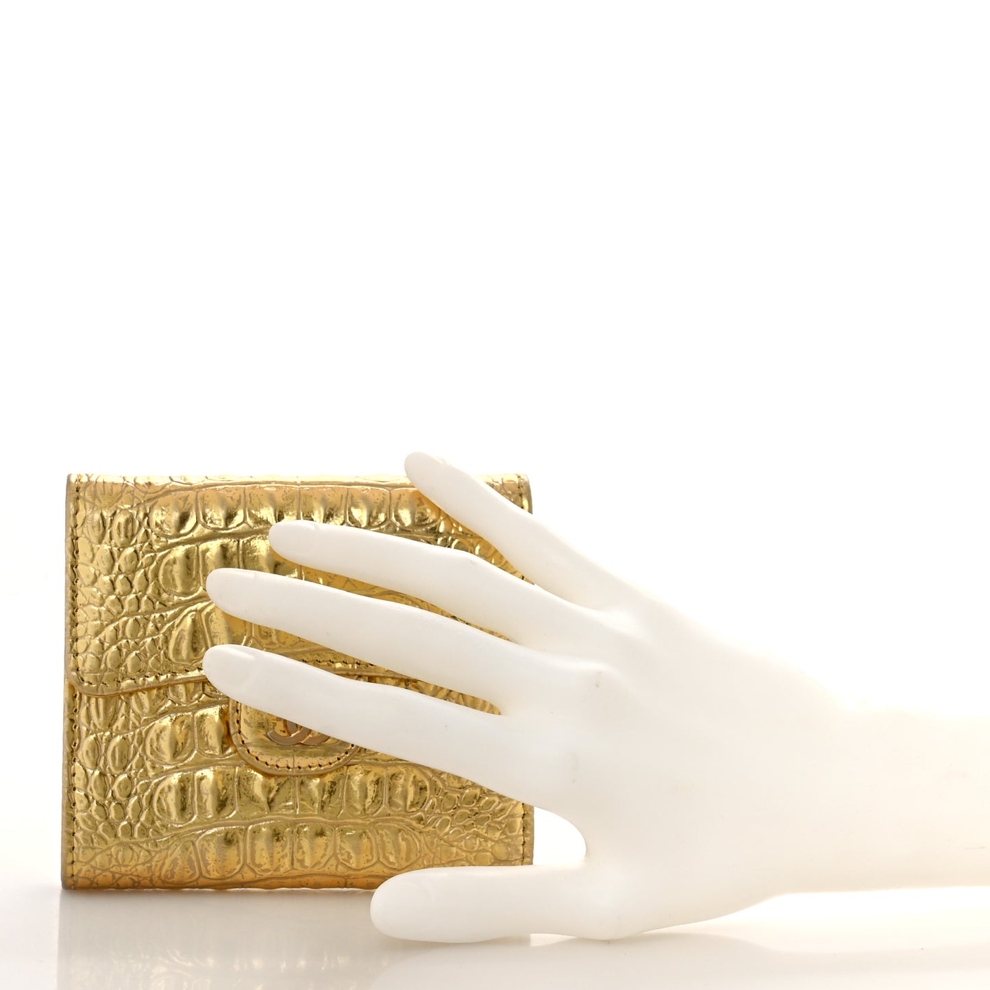 Metallic Calfskin Crocodile Embossed Cocodile Compact Flap Wallet Gold