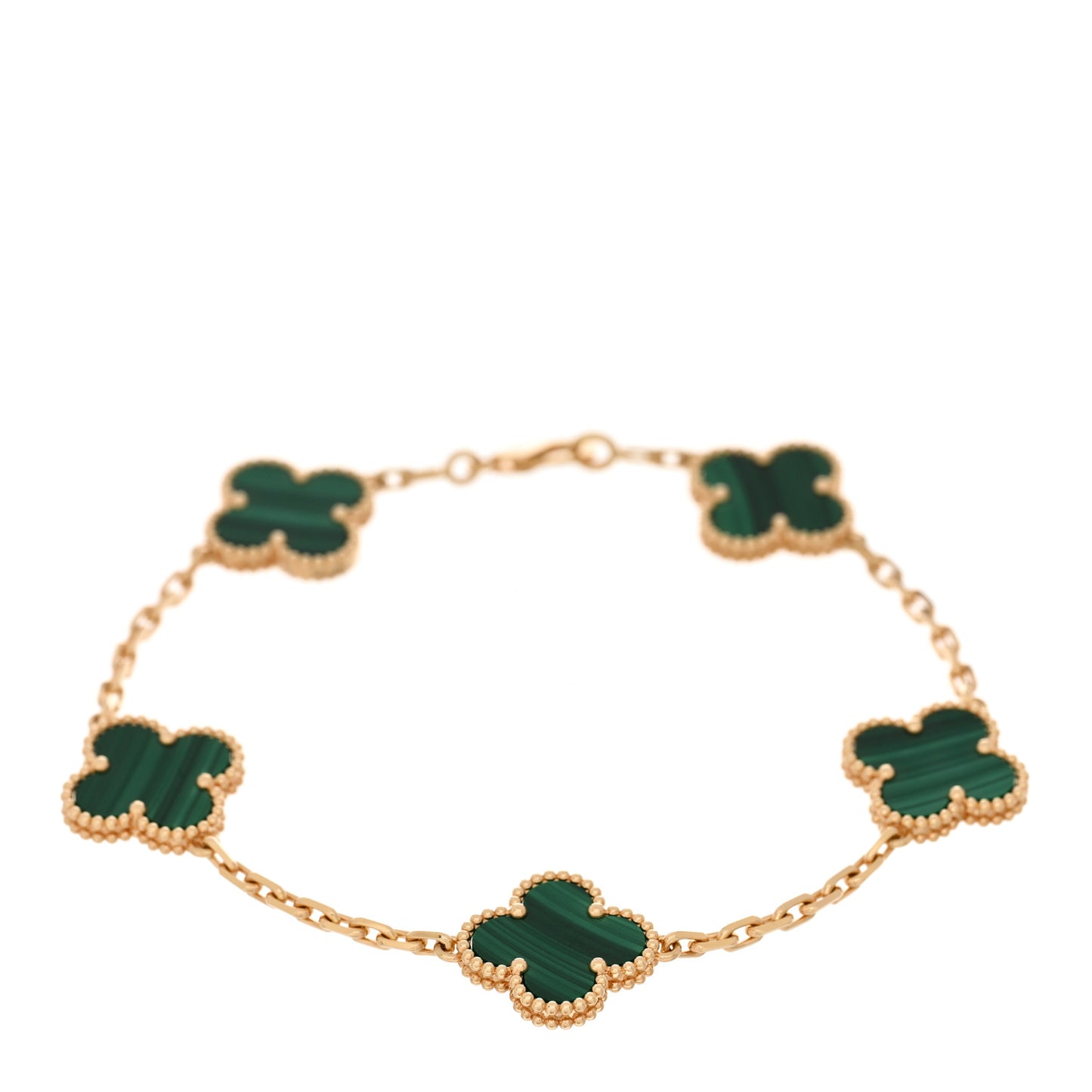 18K Yellow Gold Malachite 5 Motifs Vintage Alhambra Bracelet