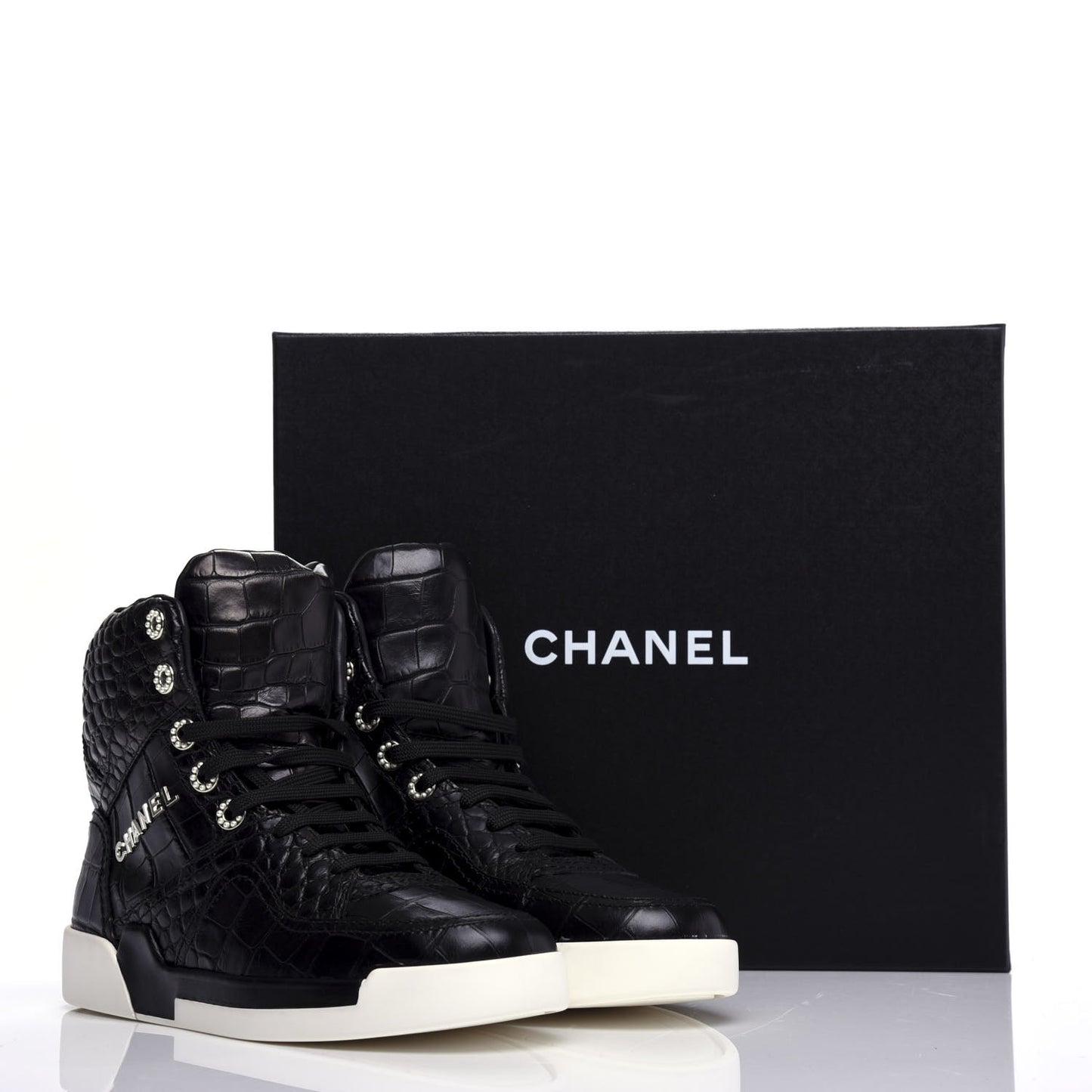 Calfskin Crocodile Embossed Cocodile High Top Sneakers 38 Black