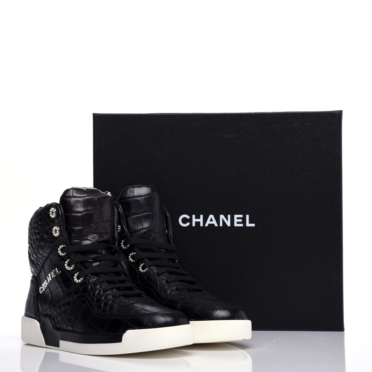 Chanel Calfskin Crocodile Embossed Cocodile High Top Sneakers 38 Black 10 of 10