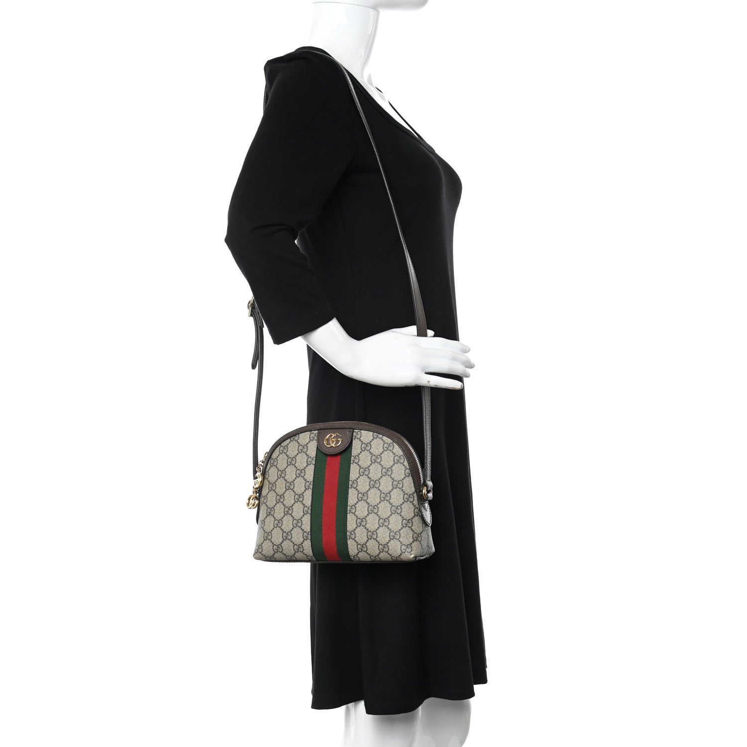 Gucci GG Supreme Monogram Textured Dollar Calfskin Web Small Ophidia Dome Shoulder Bag Beige Ebony New Acero 2 of 15