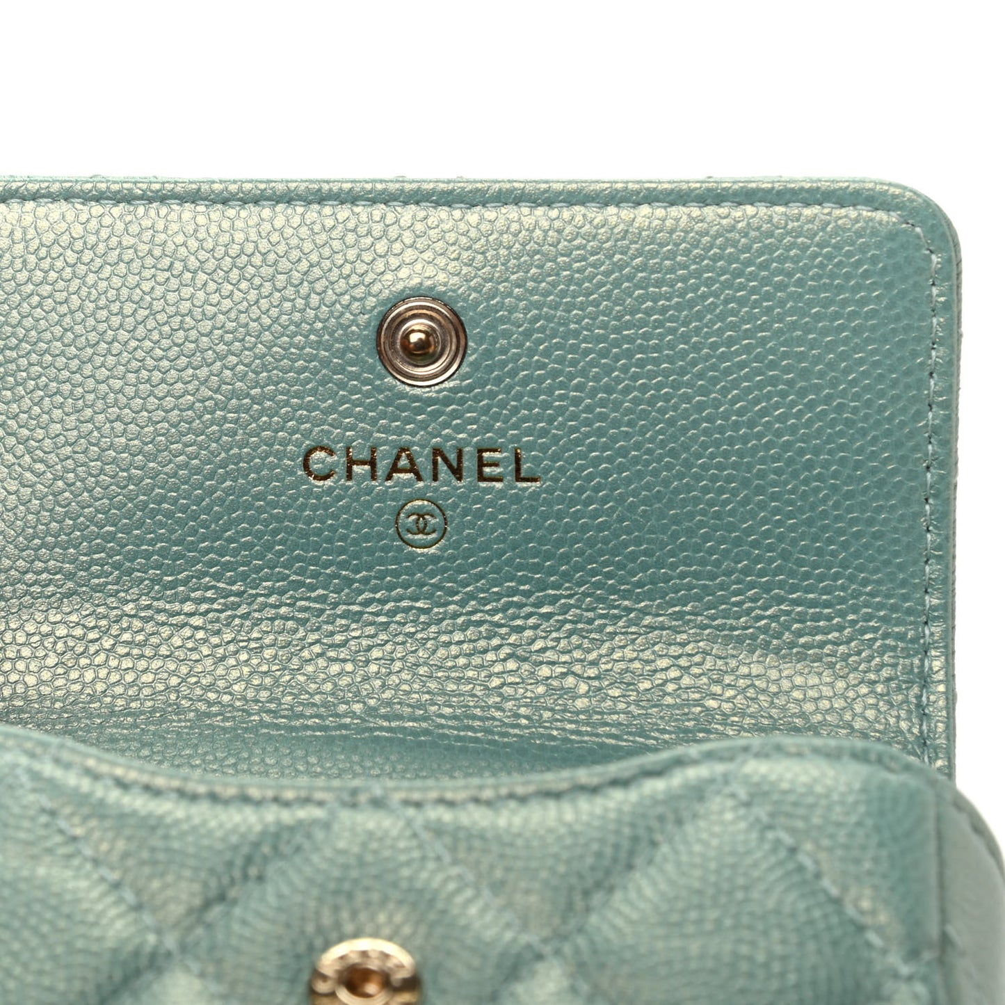 Iridescent Caviar Quilted Pearl On Top Coin Purse With Chain Light Green