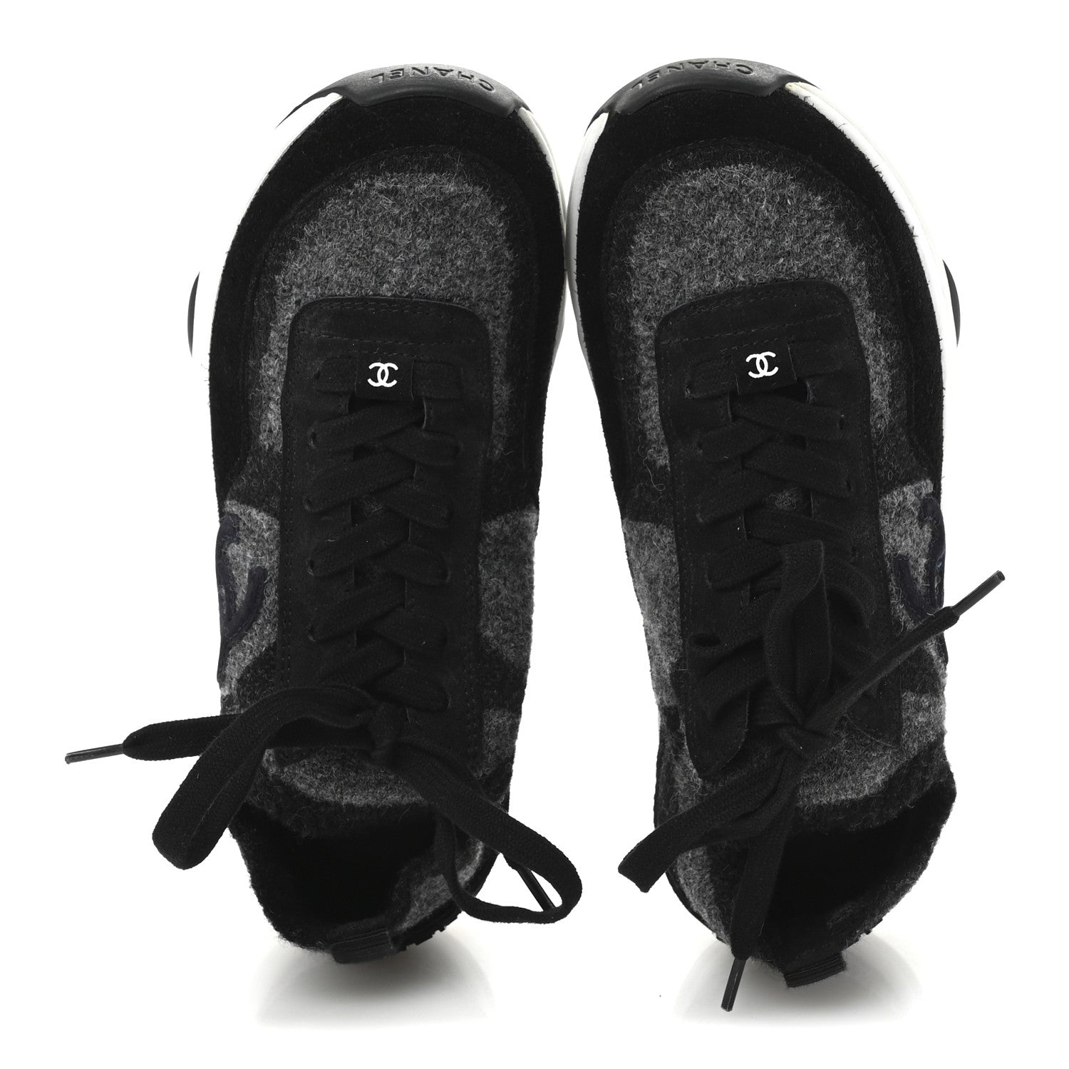 Chanel Knit Fabric Suede Calfskin Womens CC Sneakers 38 Grey Black 2 of 9
