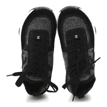 Chanel Knit Fabric Suede Calfskin Womens CC Sneakers 38 Grey Black 2 of 9