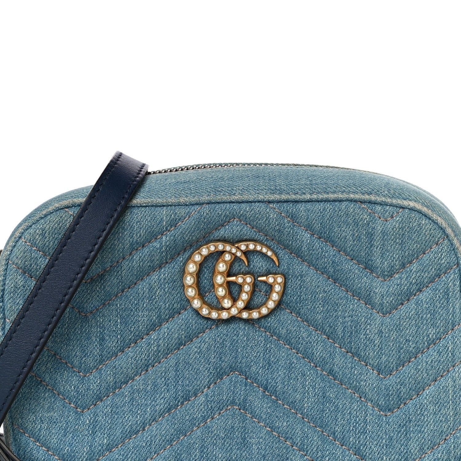 Gucci Denim Matelasse Mini Pearly GG Marmont Chain Shoulder Bag Blue 9 of 11