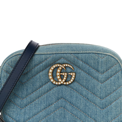 Gucci Denim Matelasse Mini Pearly GG Marmont Chain Shoulder Bag Blue 9 of 11