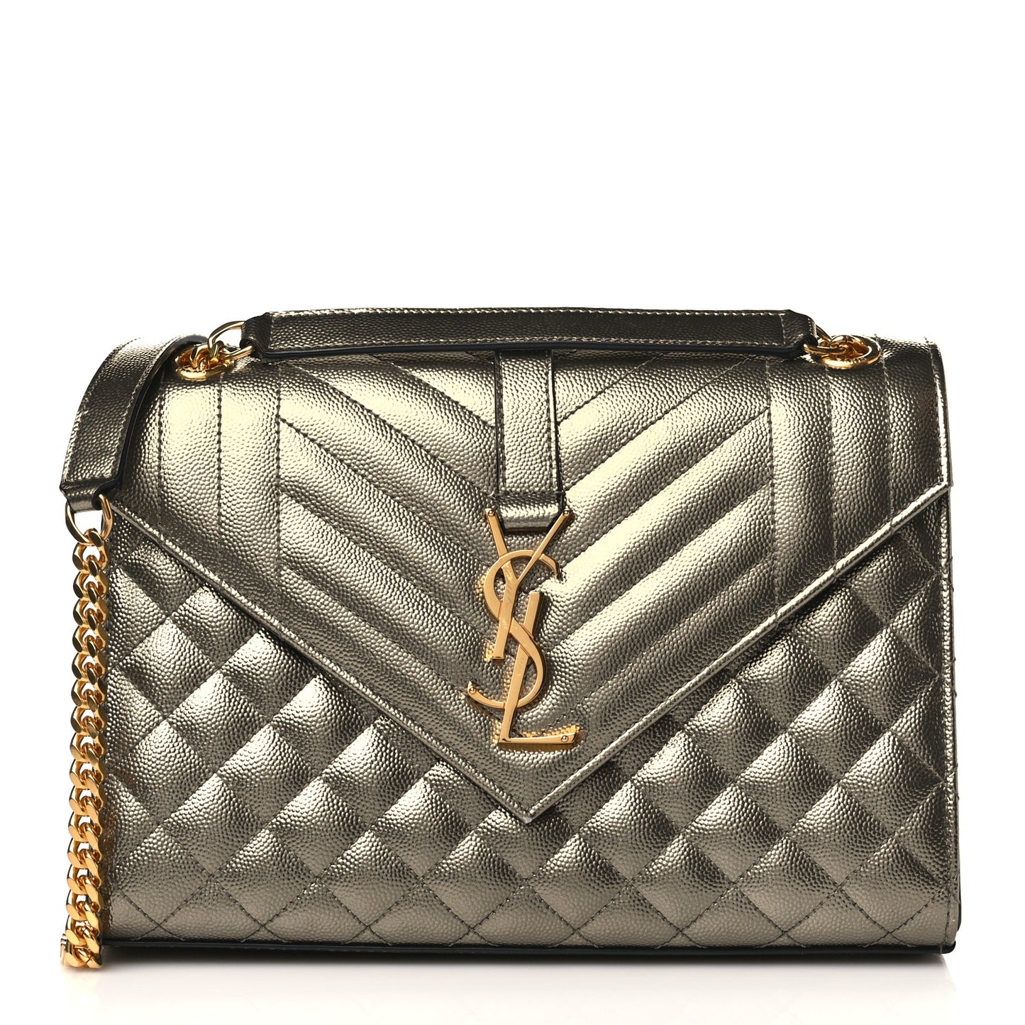 Metallic Grain De Poudre Textured Mixed Matelasse Triquilt Medium Monogram Satchel Piombo