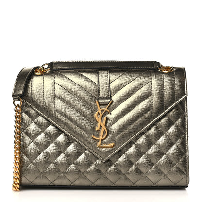 Saint Laurent Metallic Grain De Poudre Textured Mixed Matelasse Triquilt Medium Monogram Satchel Piombo 1 of 9