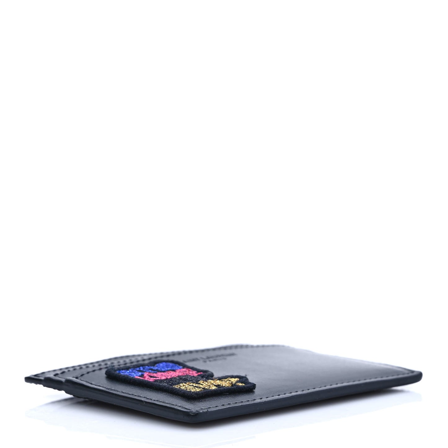 Calfskin Smoking Forever Patch Credit Card Case Black
