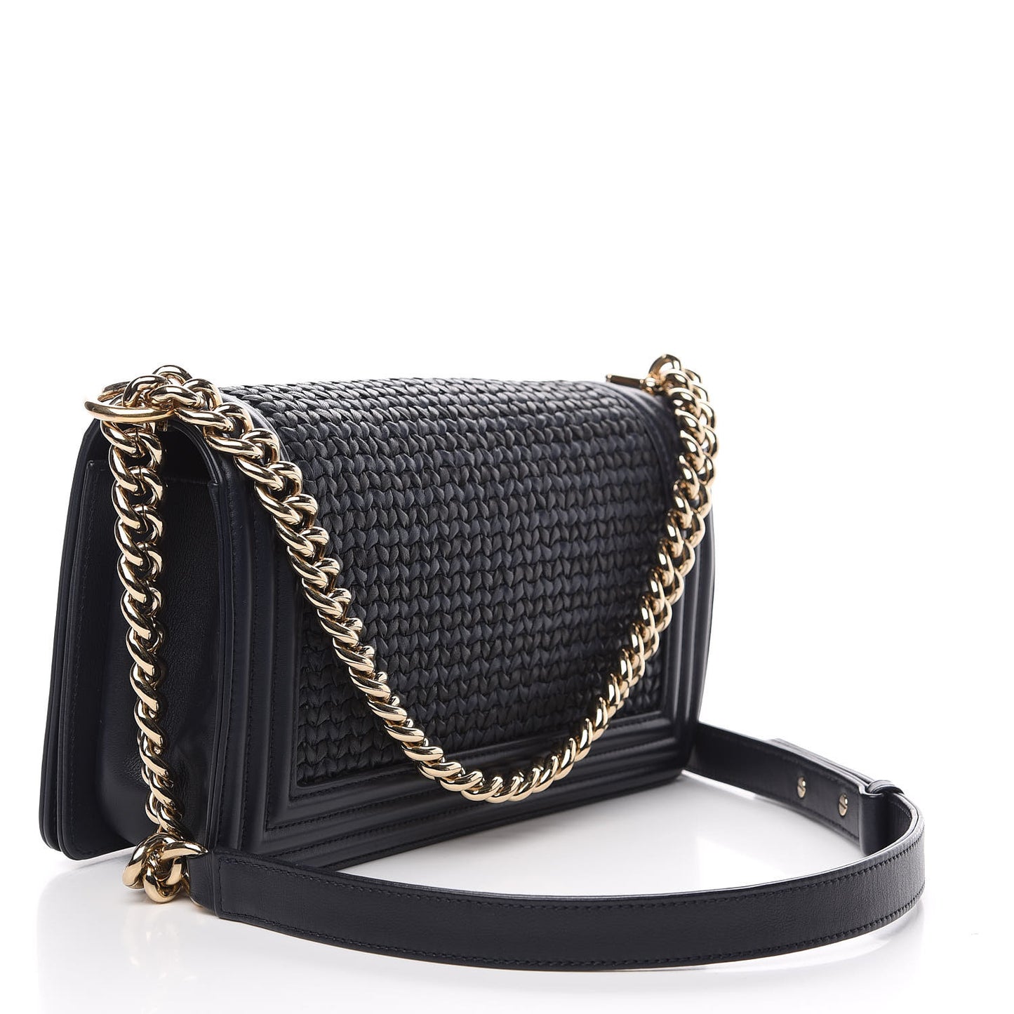 Lambskin Braided Woven Medium Boy Flap Navy Black