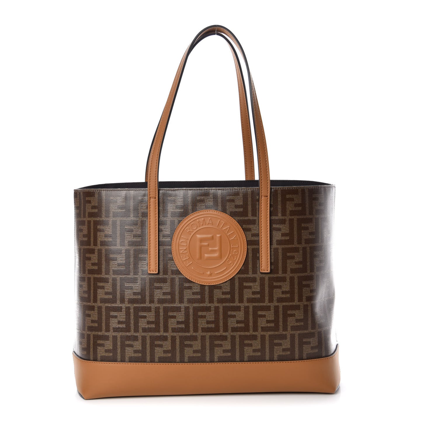 Glazed Fabric Vitello Century FF 1974 Stamp Patch Shopping Tote Mogano Panna Caramello