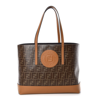 Fendi Glazed Fabric Vitello Century FF 1974 Stamp Patch Shopping Tote Mogano Panna Caramello 1 of 9