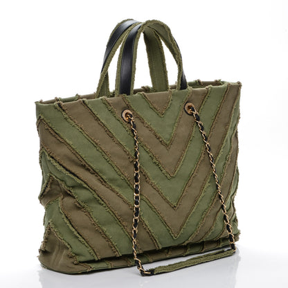 Chanel Canvas Chevron Cuba Patchwork Shopper Tote Khaki 2 of 10