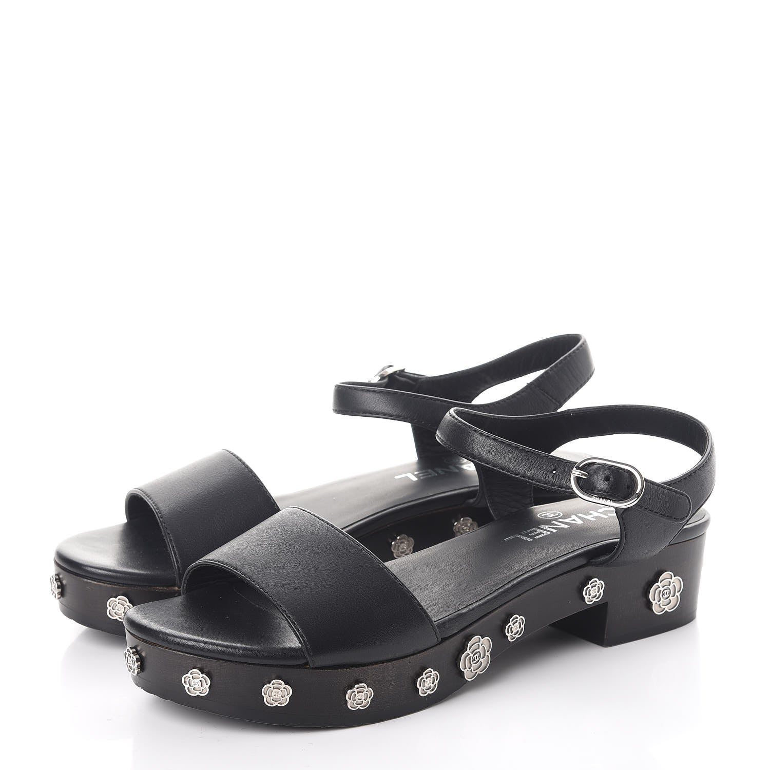 Chanel Calfskin Camellia Platform Sandals 38 Black 3 of 8
