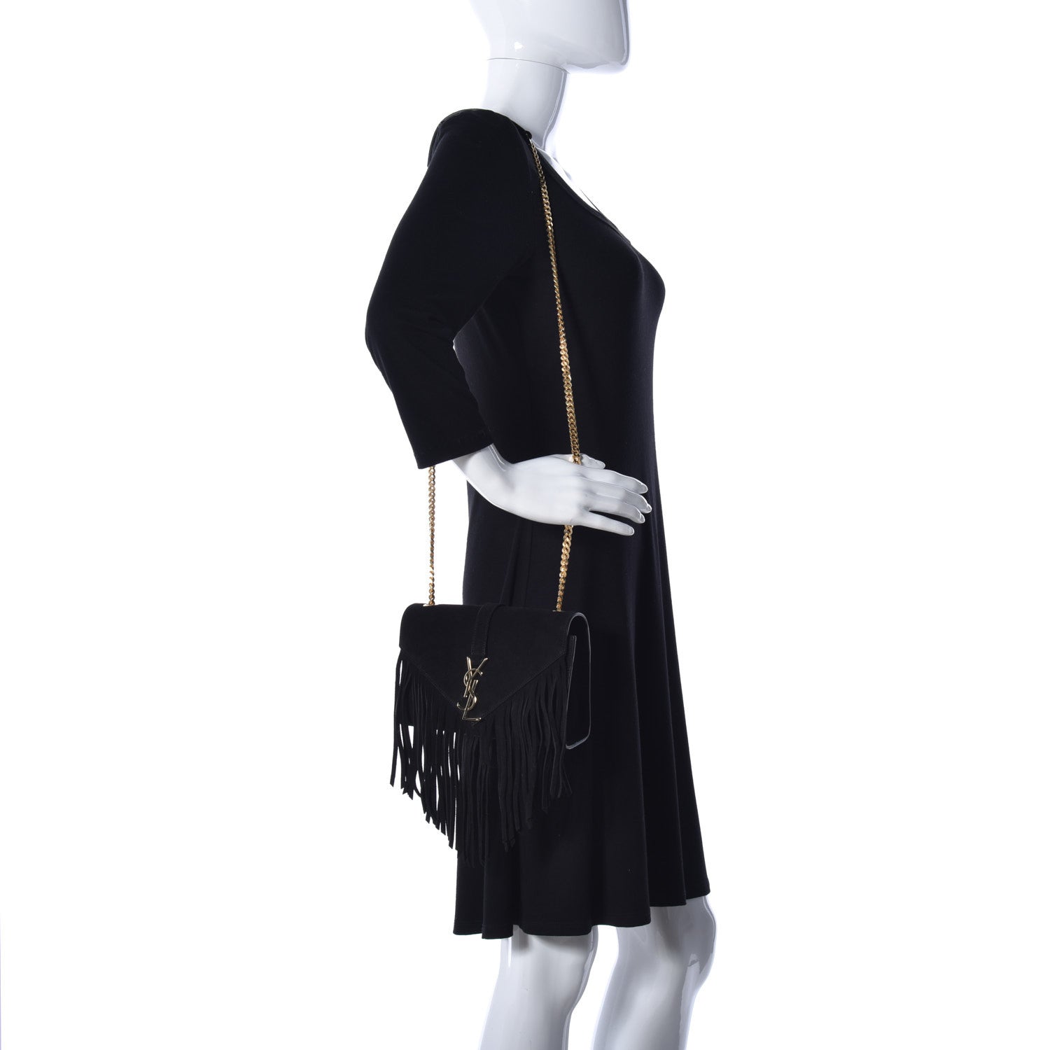 Saint Laurent Suede Fringe Small Monogram Satchel Black 2 of 8