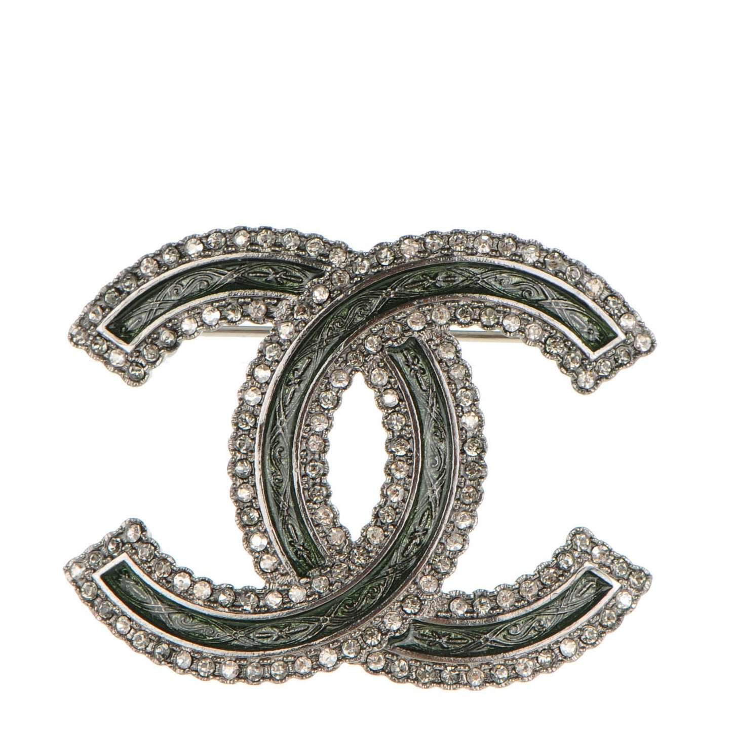 Crystal Glass CC Brooch Green Silver