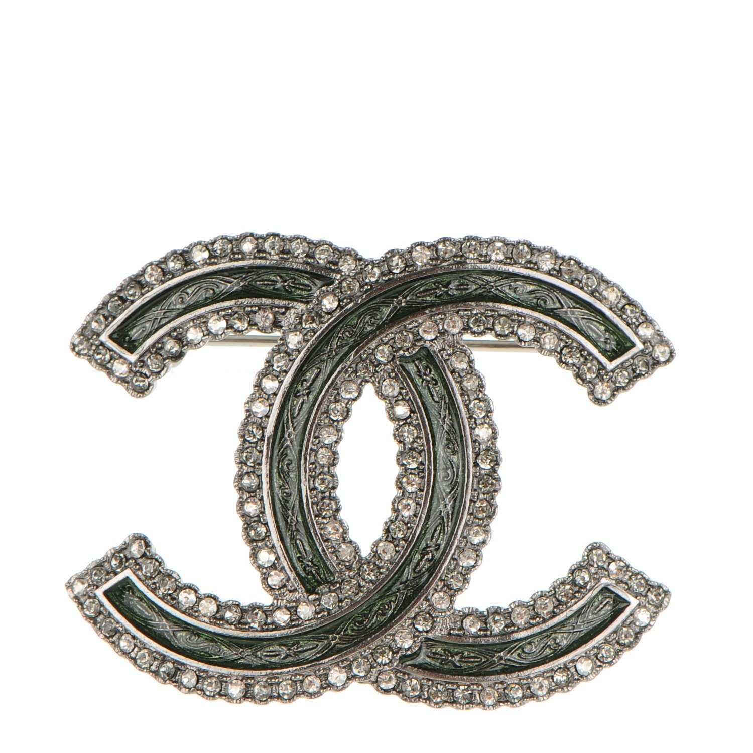 Chanel Crystal Glass CC Brooch Green Silver 1 of 4