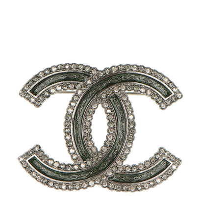 Chanel Crystal Glass CC Brooch Green Silver 1 of 4