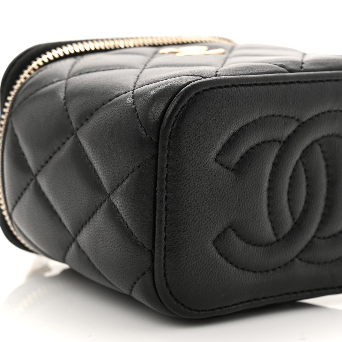 Lambskin Quilted Top Handle Mini Vanity Case With Chain Black