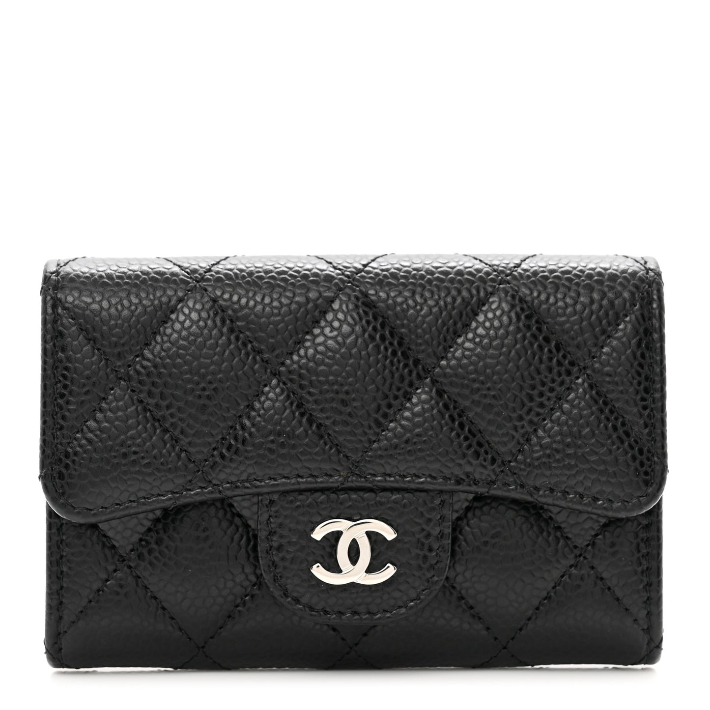 Caviar Quilted Flap Card Holder Wallet Black