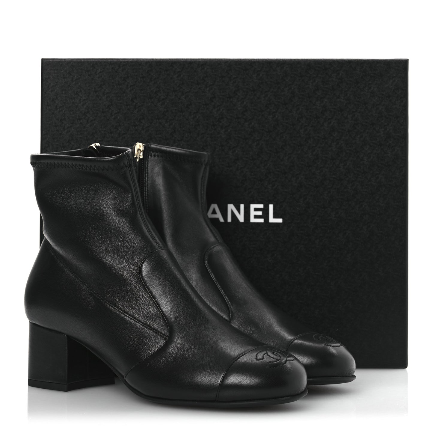 Stretch Lambskin Cap Toe CC Short Boots 36.5 Black