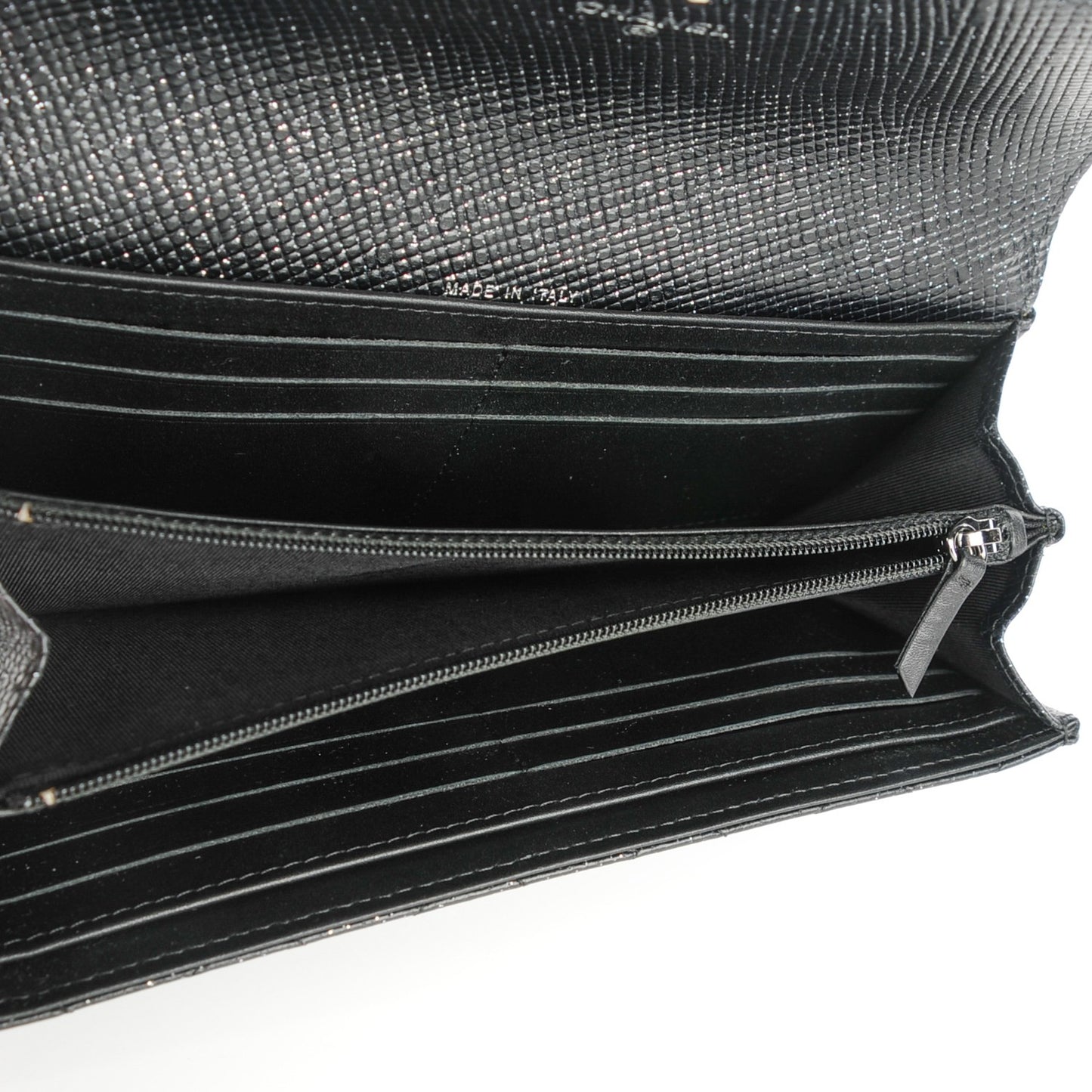 Glittered Calfskin Quilted Long Flap Wallet Black