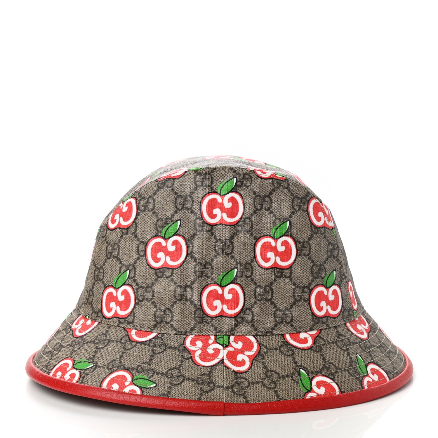 Gucci GG Supreme Monogram Apple Textured Dollar Calfskin Retro Interlocking G Fedora Pomme Bucket Hat M Beige Ebony Red 5 of 9