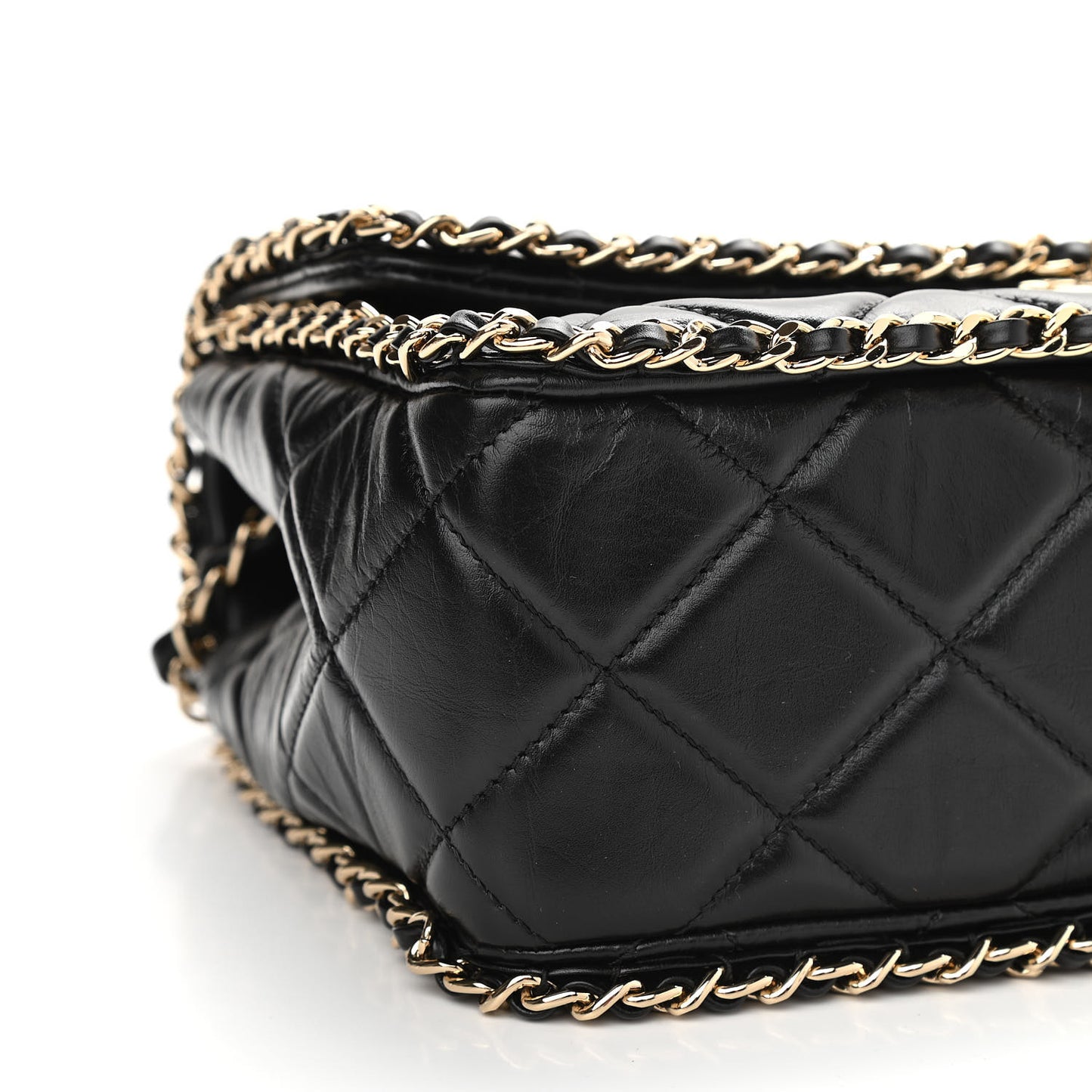 Crumpled Calfskin Medium Chain All Over Flap Black