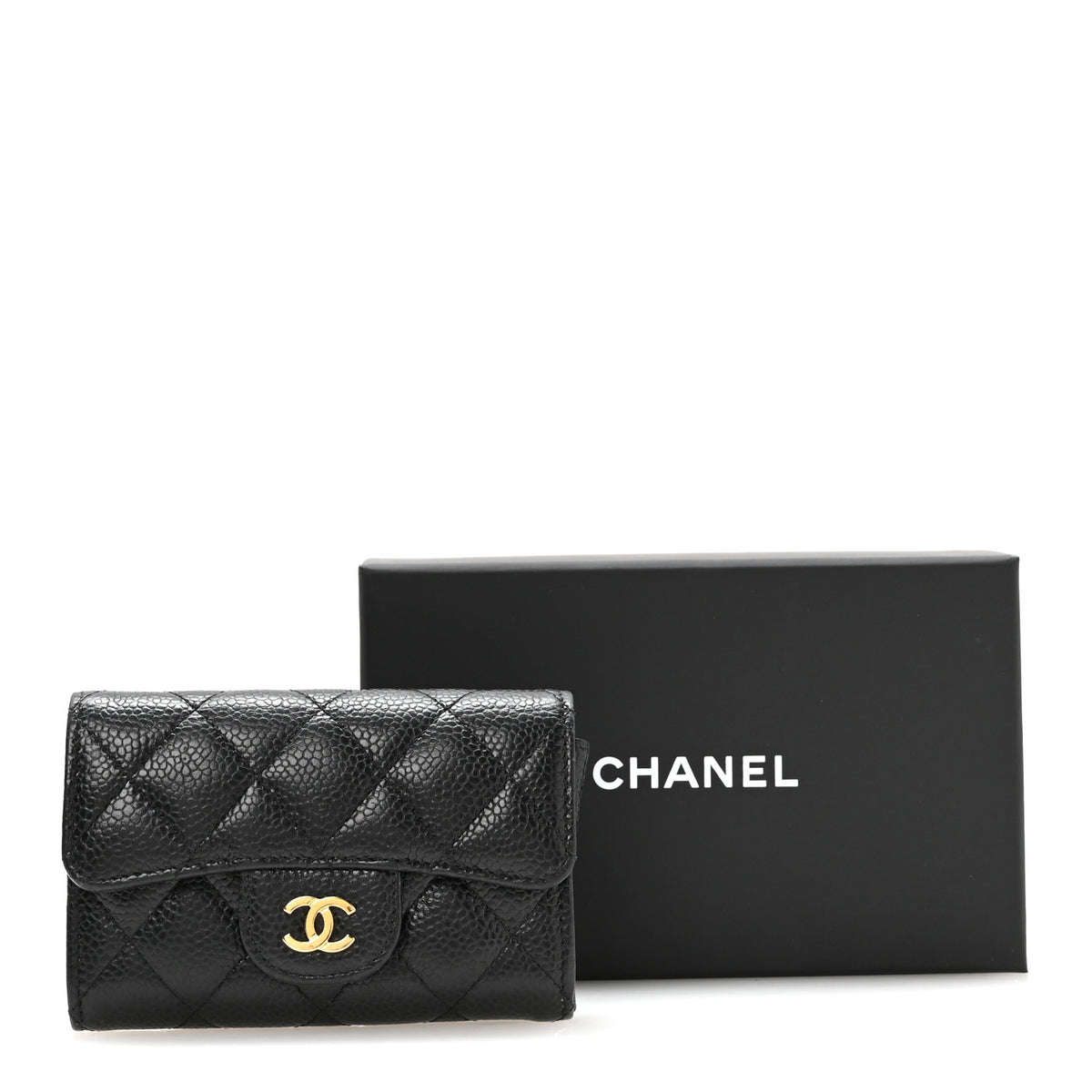 Caviar Quilted Flap Card Holder Wallet Black