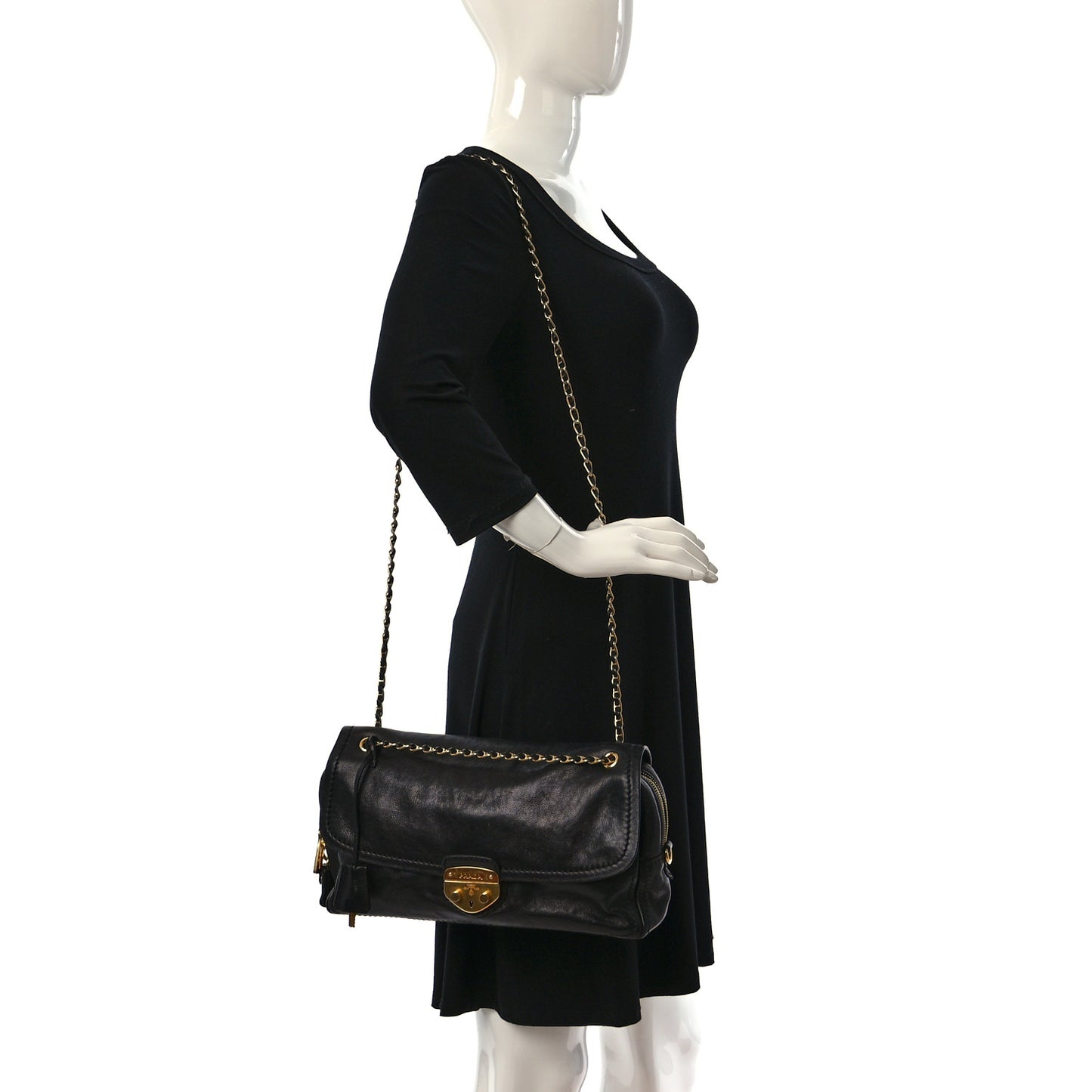 Calf Easy Foldover Pushlock Shoulder Bag Black