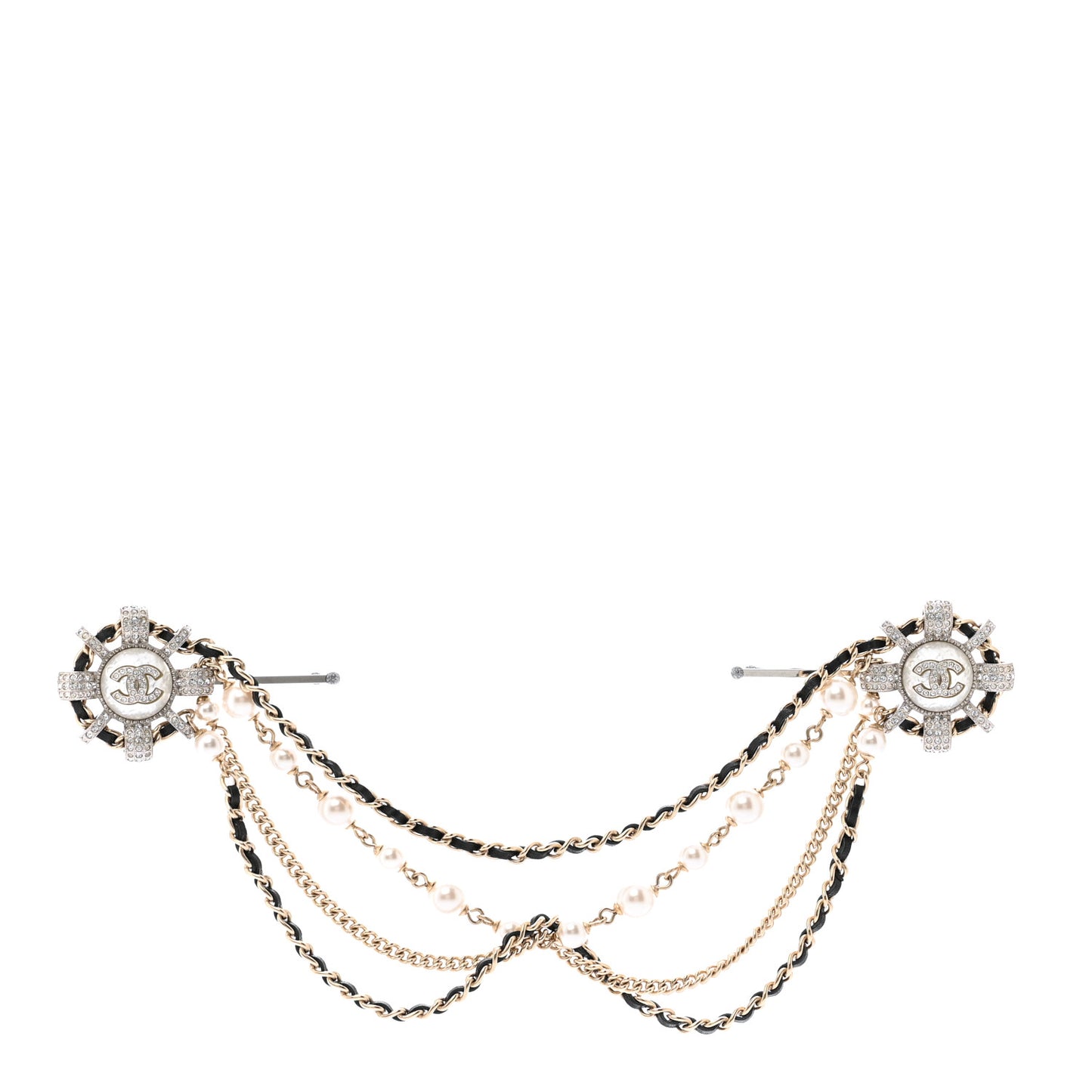 Metal Pearl Strass CC Chain Hair Clip Silver Black Pearly White