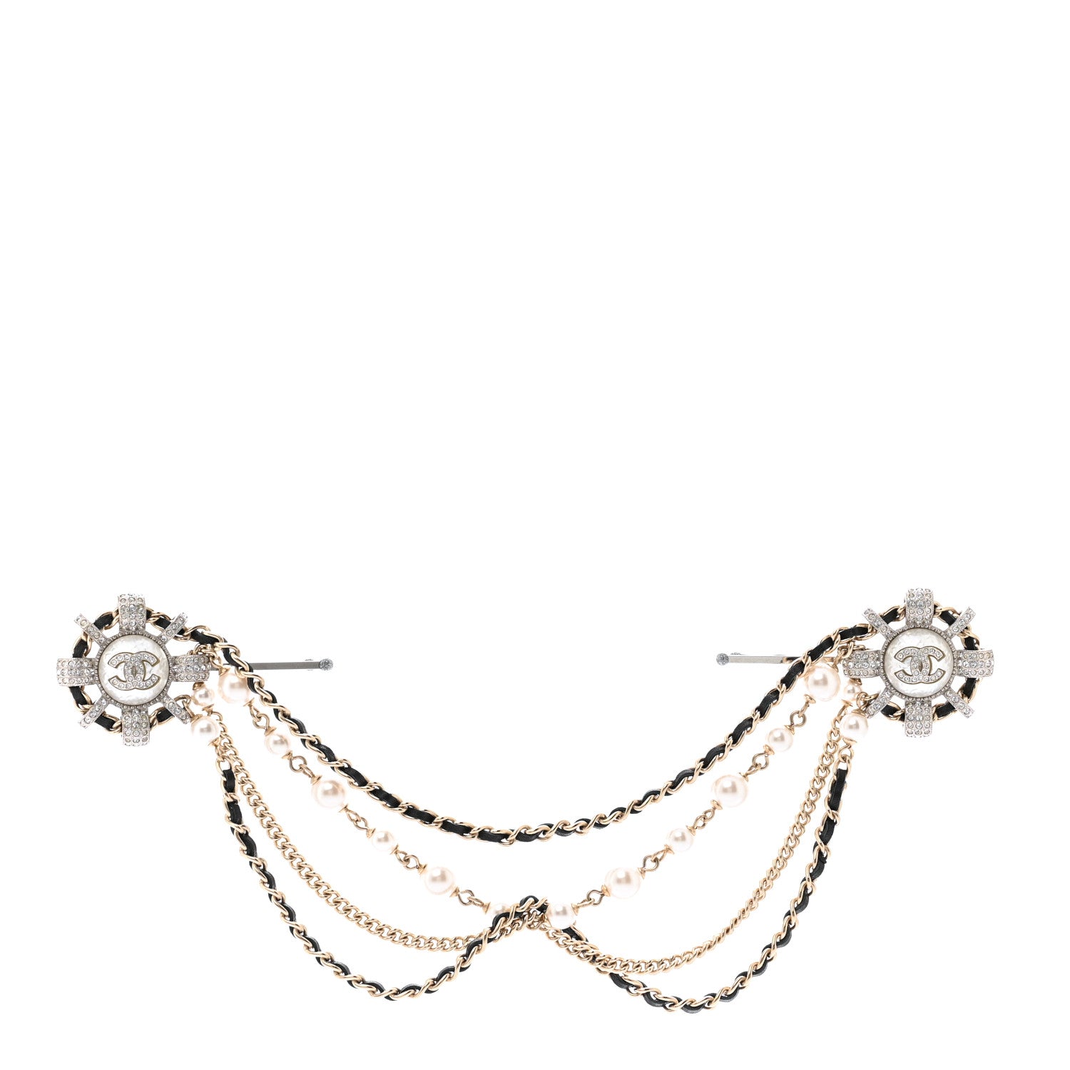 Chanel Metal Pearl Strass CC Chain Hair Clip Silver Black Pearly White 1 of 3
