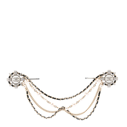 Chanel Metal Pearl Strass CC Chain Hair Clip Silver Black Pearly White 1 of 3