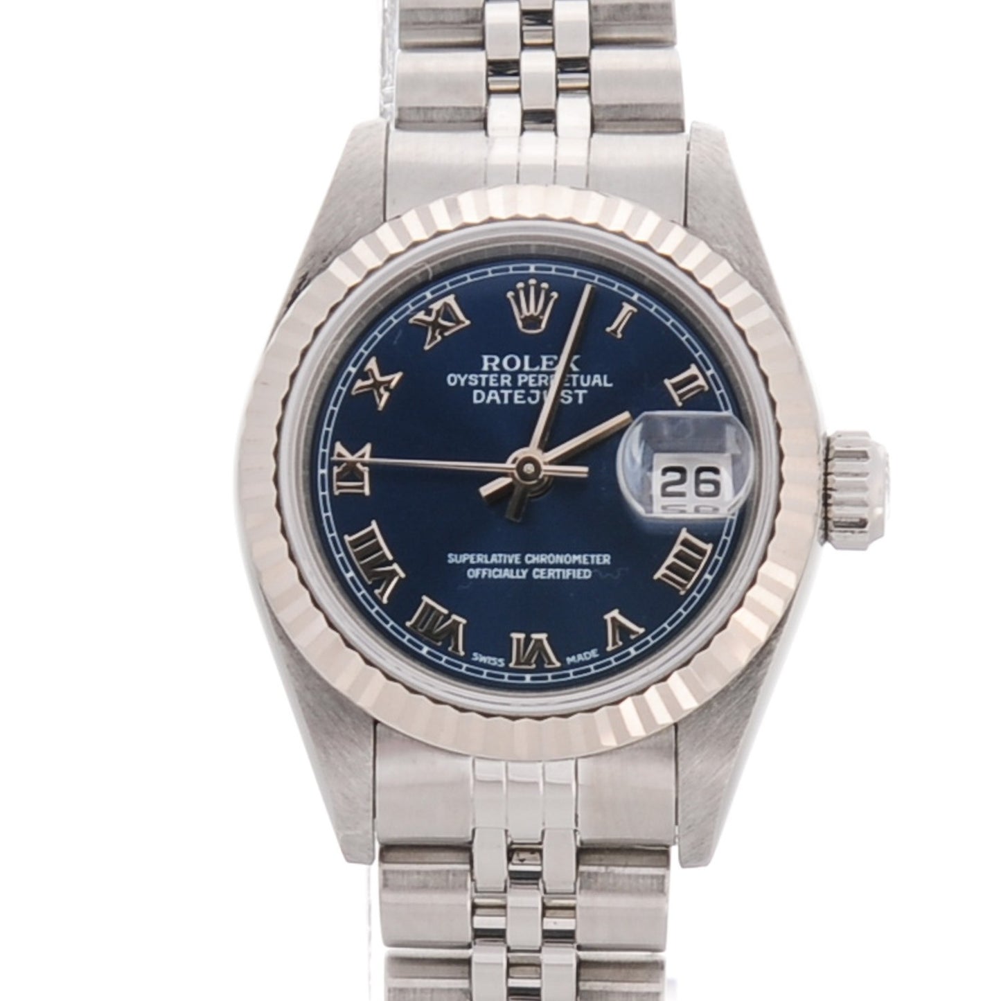 Stainless Steel 18K White Gold 26mm Oyster Perpetual Datejust Watch Blue Roman 69147