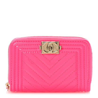 Chanel Patent Chevron Quilted Zip Around Boy Coin Purse Wallet Neon Pink 1 of 10