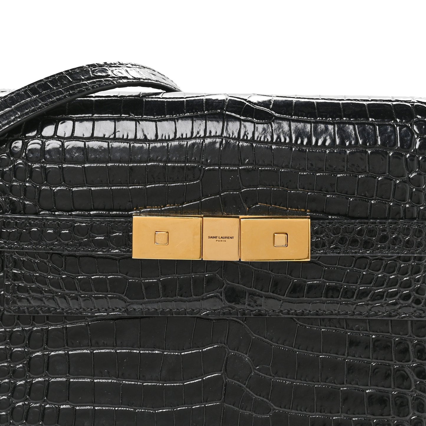 Shiny Calfskin Crocodile Embossed Small Manhattan Baguette Black
