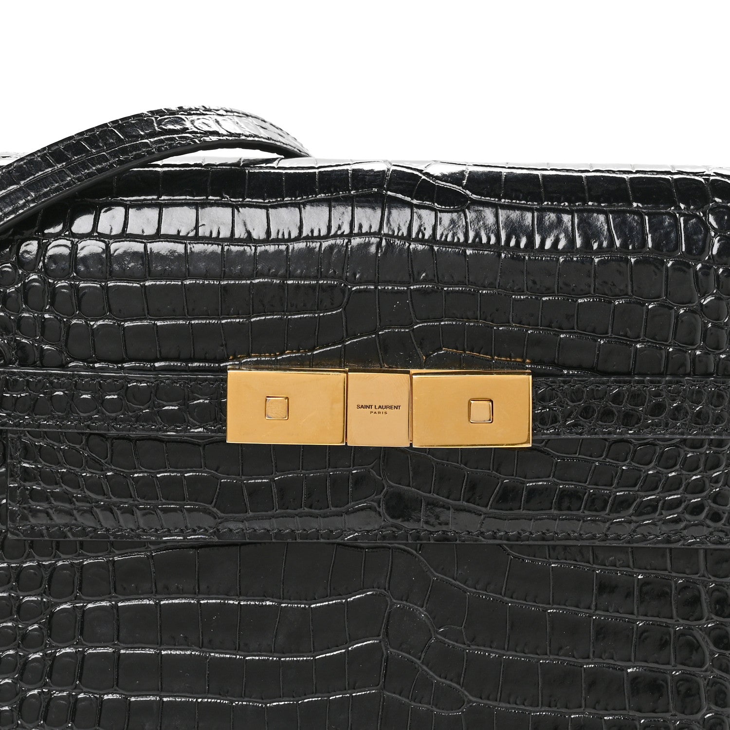 Saint Laurent Shiny Calfskin Crocodile Embossed Small Manhattan Baguette Black 8 of 10